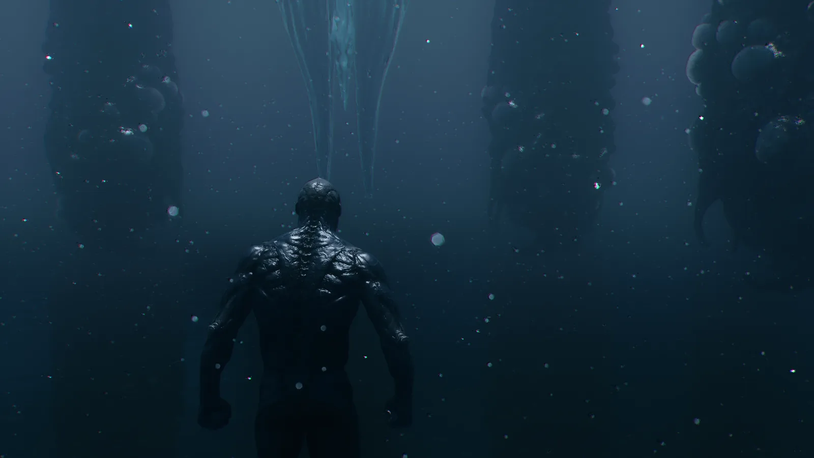 Mortal Shell II screenshot: the dark, muscular Harbinger seen from behind, standing in a murky blue void filled with drifting particles
