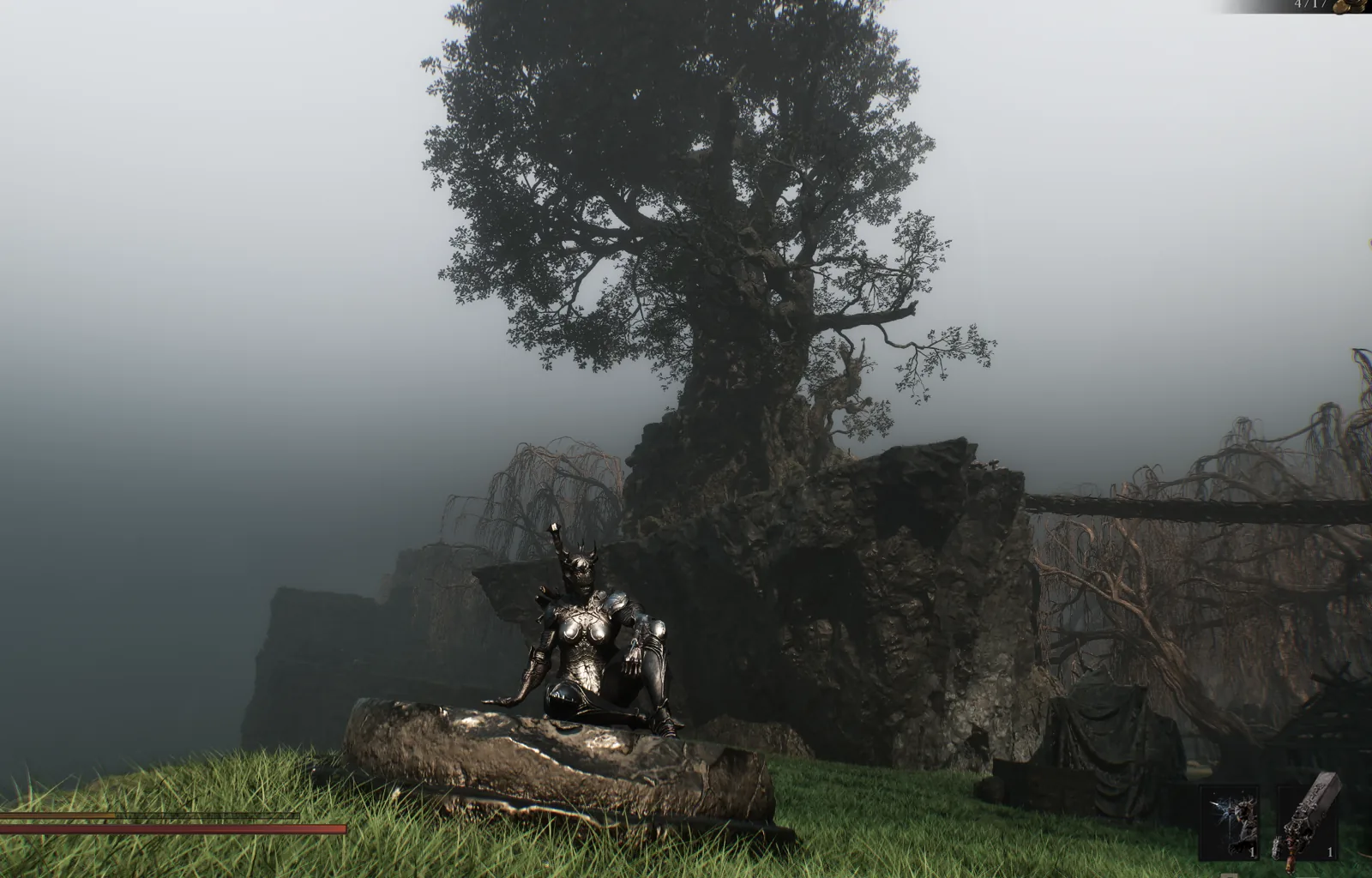 Mortal Shell II screenshot: an armored figure in dark, horned armor sits on a fallen log beneath a huge tree in thick fog
