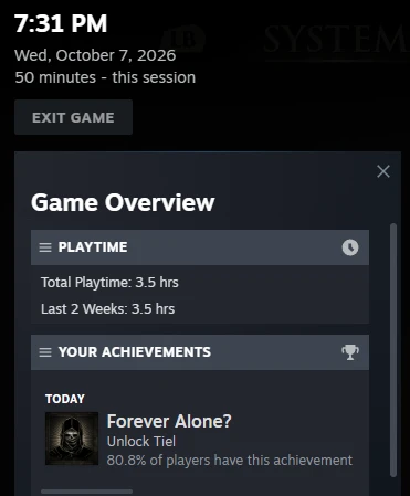 Steam overlay for Mortal Shell II showing 3.5 hours total playtime and the achievement Forever Alone? for unlocking Tiel