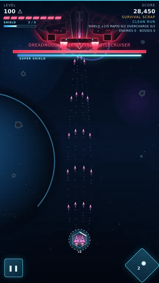 Starfall boss fight against a red Dreadnought battlecruiser