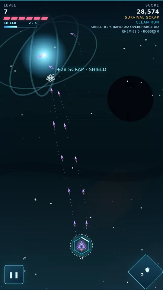 Starfall gameplay: a starfighter firing upward past a ringed star while collecting scrap