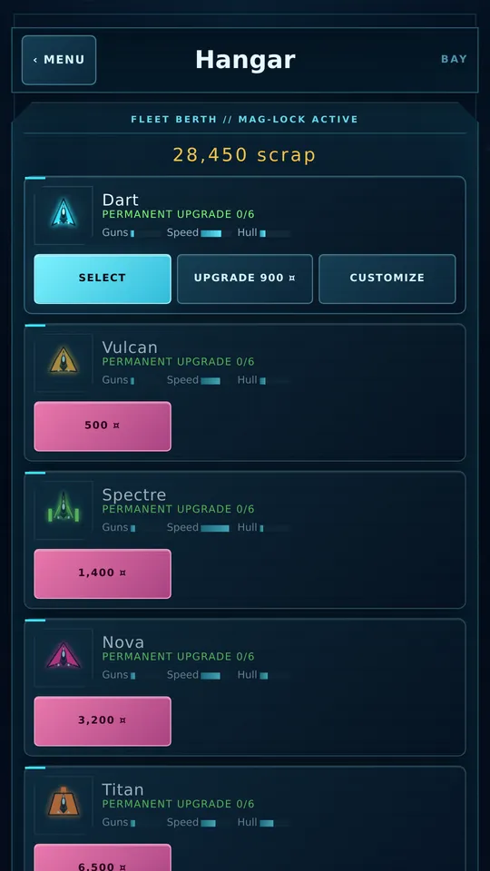 Starfall hangar screen listing the Dart, Vulcan, Spectre, Nova, and Titan ships