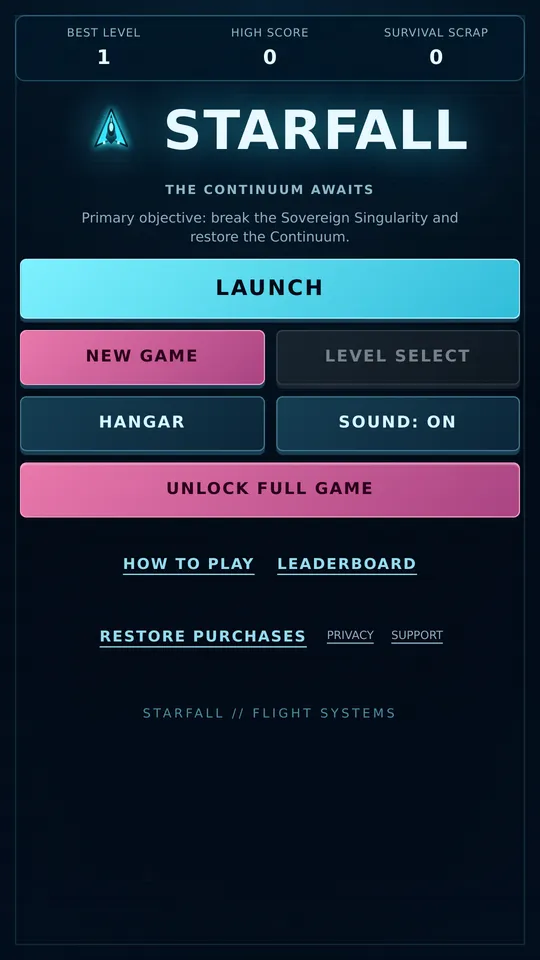 Starfall title screen with Launch, Hangar, and Level Select buttons